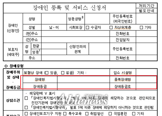 2010년 장애인복지사업안내에 나와 있는 '장애인 등록 및 서비스 신청서'. 장애유형에는 '장애명' 하나와 '중복장애명' 하나를 쓸 수 있는 공간(빨간 테두리 부분)만이 있다. ⓒ보건복지부  