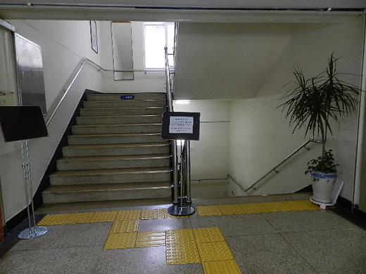 강남도서관 내부에는 엘리베이터가 없고, 계단만 있다. 강남도서관 입구에 설치된 점자유도블록이 카펫트에 가려져 있다. ⓒ박종태