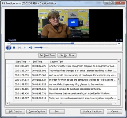 MS 오피스 2010 파워포인트에서는 기존의 캡션 자막 TTML ("Timed Text Mark-up Language") 불러오기 및 직접 영상 구간별 자막을 입력할 수 있는 에디터기능을 제공하고 있다. ⓒ정봉근