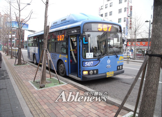 462번, 507번 등의 저상버스가 지나는 영등포구 대방역 정류장. 가로수가 휠체어장애인의 이동 및 승하차를 방해한다. ⓒ에이블뉴스