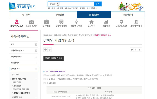 경기도청 홈페이지 속 활동지원제도 소개.ⓒ화면캡쳐