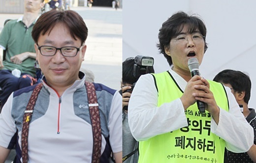 정성주(사진 좌)씨와 김신애(사진 우)씨가 장애등급제와 부양의무제 폐지를 촉구하고 있다. ⓒ에이블뉴스